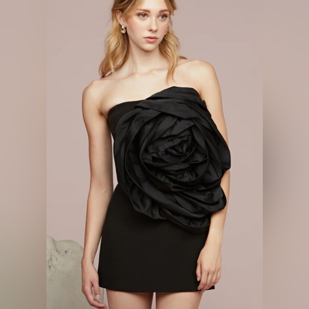 AMUR Black Strapless Dress with Large Floral Accent